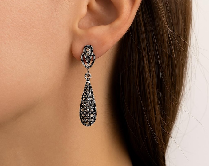 Vintage Sterling Silver Marcasite Drop Earrings Art Deco Dangle Jewelry, Antique Style Statement Earrings