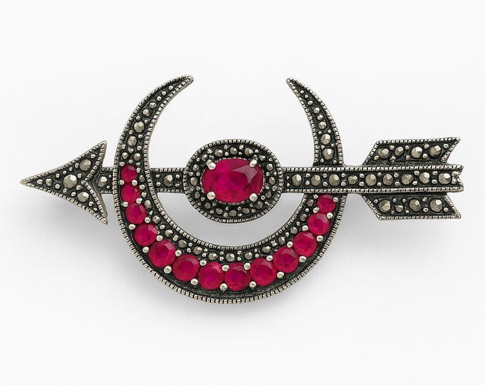 Antique Style Ruby and Marcasite Arrow Brooch 925 Sterling Silver