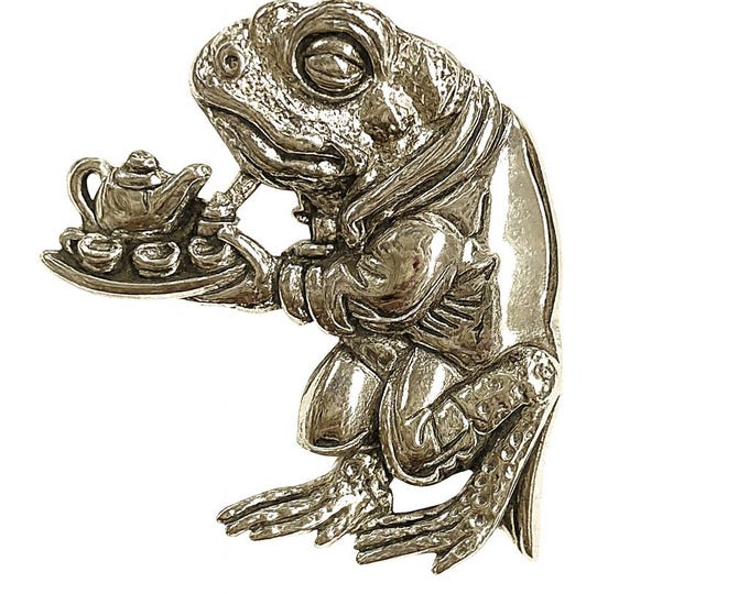 Victorian Style Frog Waiter Serving Tea Pin Brooch 925 Sterling Silver
