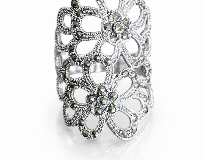 Vintage Style Sterling Silver Ring with Marcasite Accents Art Deco Statement Jewelry