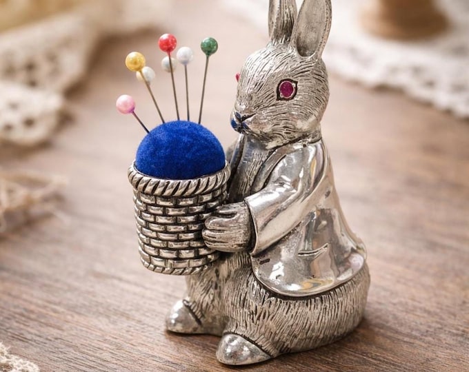 Vintage Silver Plated Rabbit Pin Cushion, Collectible Sewing Accessory