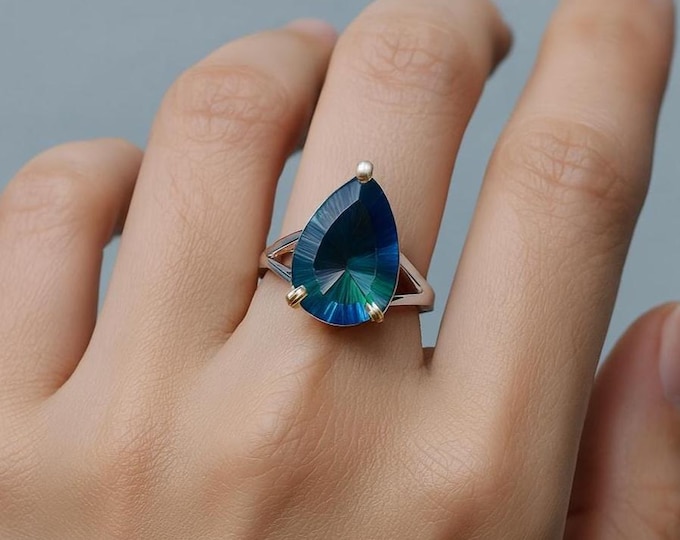 Mystic Topaz Filigree Ring Teardrop Blue Gemstone Statement Cocktail Ring in 925 Sterling Silver, Bold Modern Jewelry Gift for Her