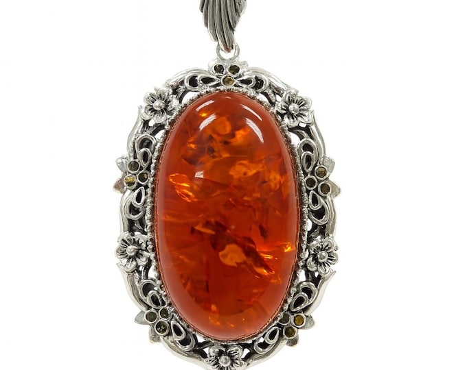 Art Nouveau Inspired Honey Amber Floral Pendant 925 Sterling Silver