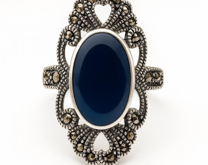 Art Deco Style Marcasite Coral Turquoise Mother of Pearl Lapis Ring 925 Sterling Silver