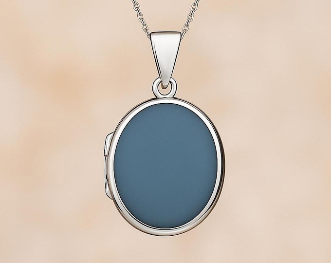 925 Sterling Silver Blue Gilson Opal Oval Locket Pendant Necklace Vintage Style Keepsake Jewelry Gift for Women