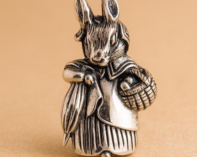 Vintage Sterling Silver Rabbit Brooch Bunny with Basket and Umbrella, Antique Animal Jewelry, Gift for Her