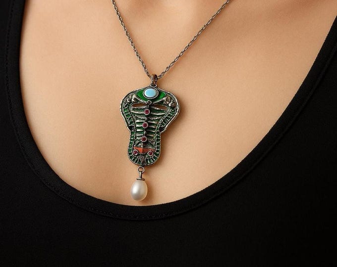 Art Nouveau Starfish Pendant 925 Sterling Silver with Plique-à-Jour Enamel, Ruby, Opal and Pearl Drop