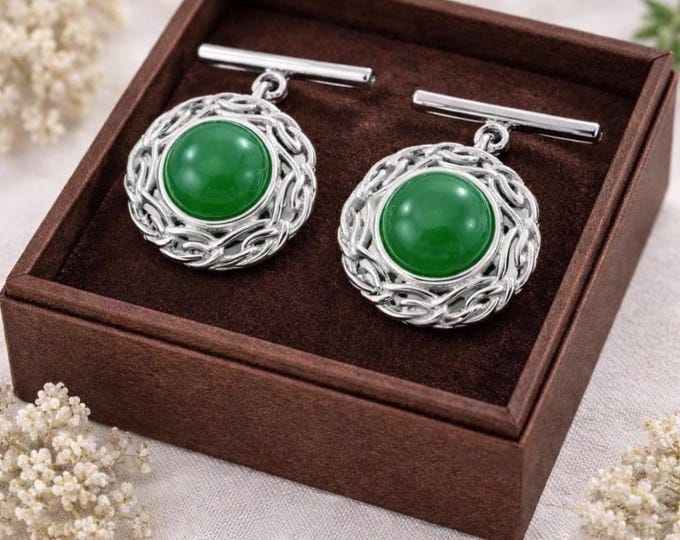 Green Jade Cufflinks, Filigree 925 Sterling Silver, Vintage Style