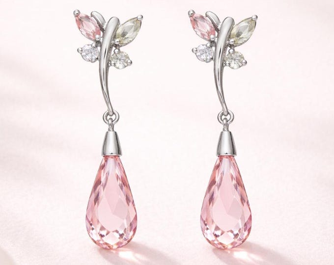 Pink Butterfly Drop Earrings, 925 Sterling Silver Butterfly Crystal Dangle Earrings, Teardrop CZ Earrings