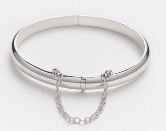 Sterling Silver Baby Bangle with Chain Classic Keepsake Infant Bracelet, Christening Gift, Newborn Jewelry