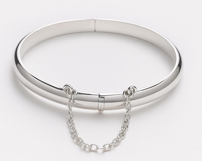 Sterling Silver Baby Bangle with Chain Classic Keepsake Infant Bracelet, Christening Gift, Newborn Jewelry