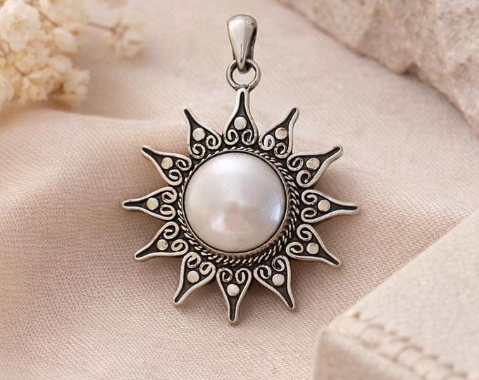 Bali Pearl Sun Pendant Necklace 925 Sterling Silver Filigree Pearl Pendant, Boho Vintage Statement Jewelry