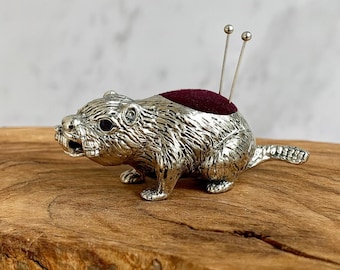 925 Sterling Silver Beaver Pin Cushion with Ruby Eyes Antique Style Sewing Collectible with Velvet Top