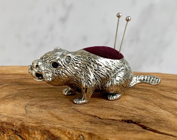 925 Sterling Silver Beaver Pin Cushion with Ruby Eyes Antique Style Sewing Collectible with Velvet Top