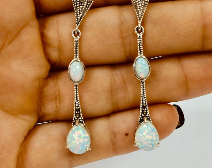 Art Deco Inspired Blue, White Gilson Opal and Marcasite 925 Sterling Silver Earrings