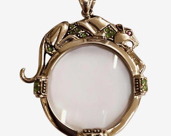 Art Deco Style Panther with Marcasite and Emerald Magnifying Glass Loop Pendant 925 Sterling Silver Animal Jewelry Gift for Her