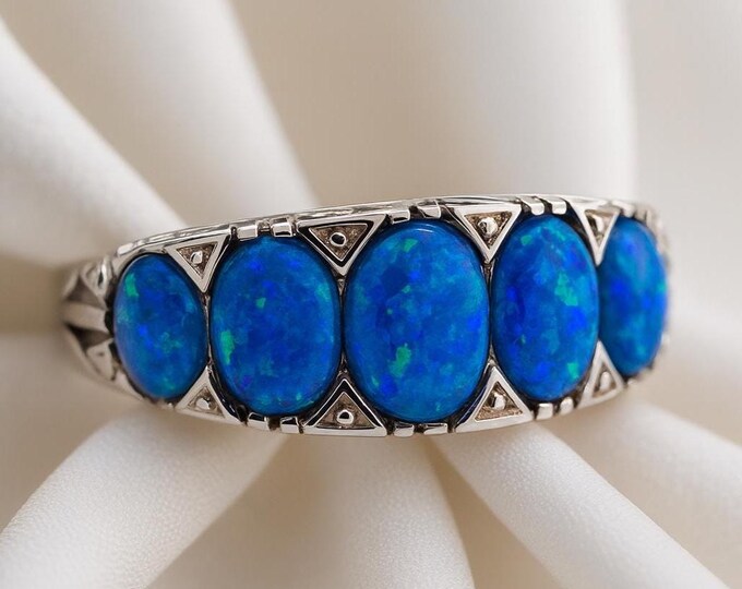 925 Sterling Silver Gilson Opal Ring Five Stone Blue Opal Band Vintage Style Opal Statement Ring October Birthstone Gift for Her