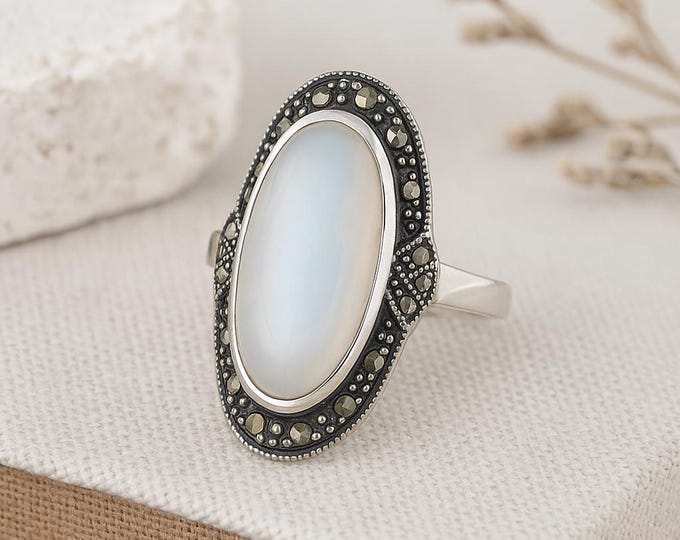 Sterling Silver Filigree Ring, Mother of Pearl & Marcasite, Art Deco