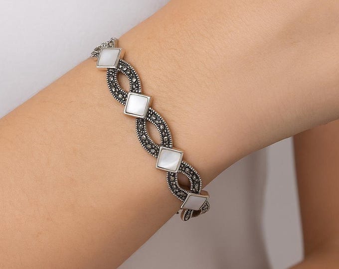 Art Deco Sterling Silver Bracelet: Mother of Pearl & Marcasite