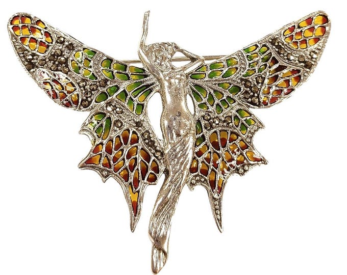 Art Nouveau Inspired Plique a Jour Marcasite Brooch 925 Sterling Silver