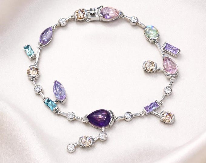 Amethyst and Multicolour Gemstone Bracelet in Sterling Silver Art Deco Style Bracelet Vintage Inspired Jewellery