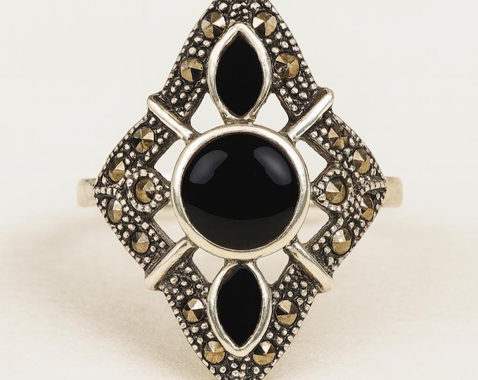 Art Deco Inspired Onyx and Marcasite Ring 925 Sterling Silver