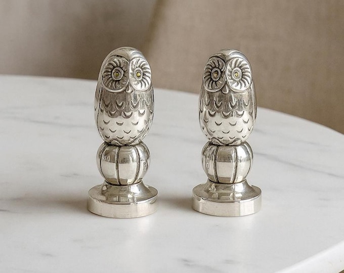 Antique Style Owl Salt and Pepper Shakers 925 Sterling Silver Plate