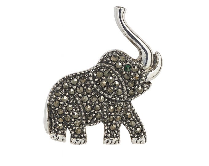 925 Sterling Silver Marcasite and Emerald Elephant Brooch Pendant Animal Pin, Tribal Wildlife Jewelry, Statement Lapel Accessory