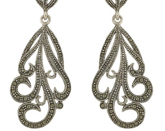 Vintage Sterling Silver Earrings with Marcasite Art Deco Dangle Drop Earrings, Intricate Filigree Design, Elegant Gift for Her
