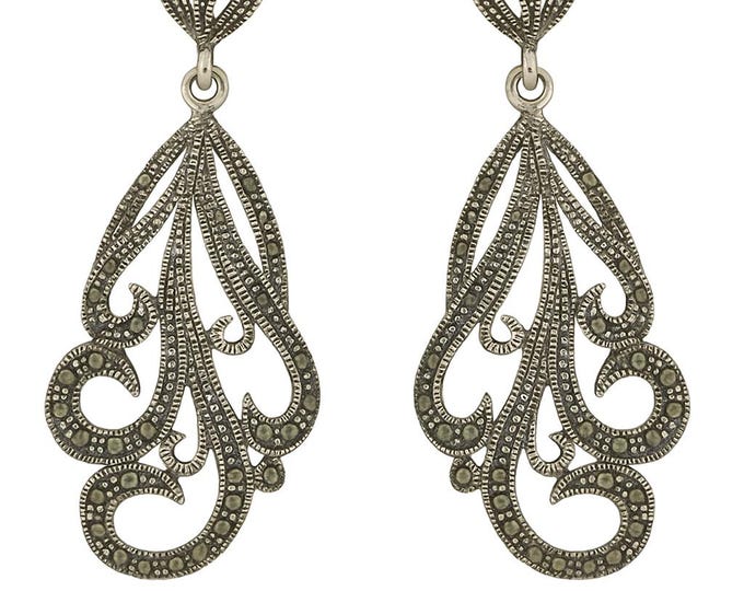 Vintage Sterling Silver Earrings with Marcasite Art Deco Dangle Drop Earrings, Intricate Filigree Design, Elegant Gift for Her