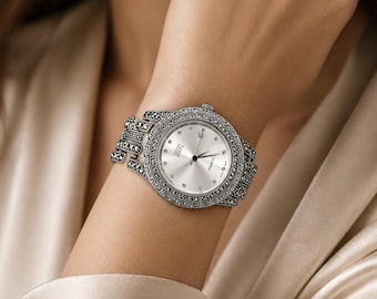 Vintage Marcasite Sterling Silver Bracelet Watch, Elegant Women’s Dress Watch
