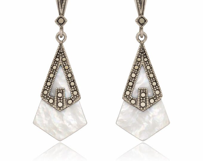 Art Deco Mother of Pearl Sterling Silver Marcasite Drop Earrings