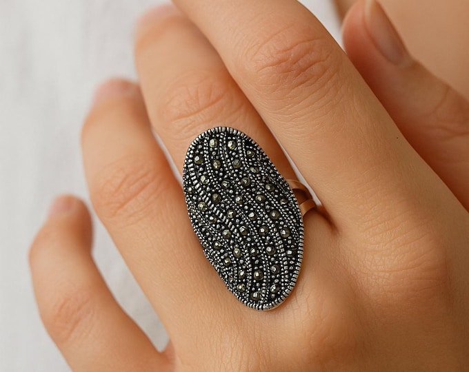 Vintage Style Sterling Silver Ring with Marcasite Accents Art Deco Statement Jewelry