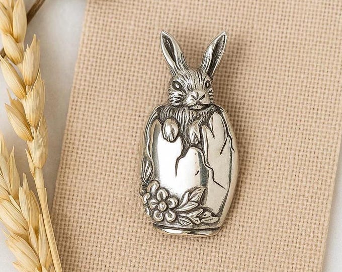 Vintage Style Sterling Silver Rabbit Brooch Bunny in Egg Design, Floral Detail, Collector’s Gift