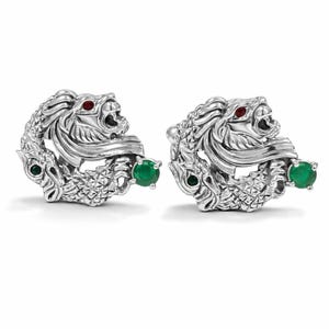 Antique Style Emerald and Ruby Lion 925 Sterling Silver Cuff Links Mens Gift