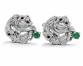 Antique Style Emerald and Ruby Lion 925 Sterling Silver Cuff Links Mens Gift