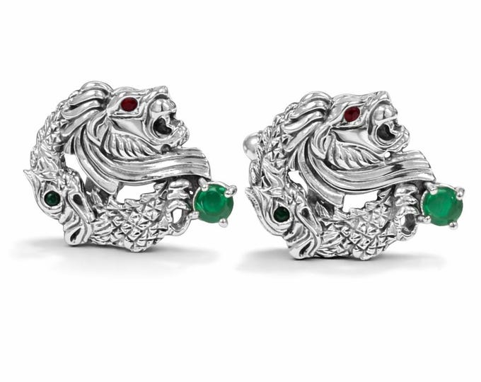 Antique Style Emerald and Ruby Lion 925 Sterling Silver Cuff Links Mens Gift