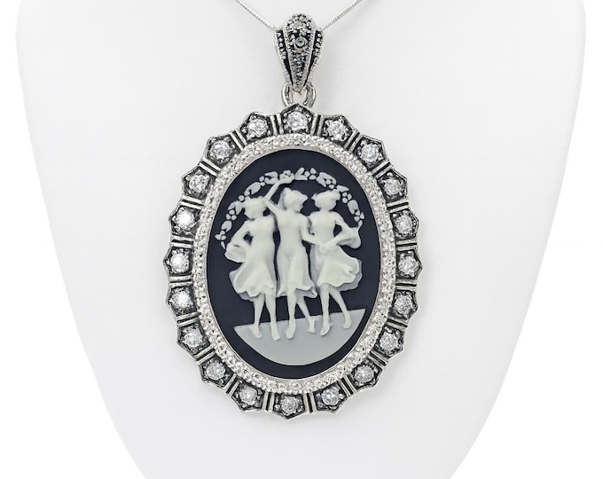 Vintage Style Silver Plated Cameo Pendant Necklace Oval Three Graces with Marcasite and CZ Accents Victorian Inspired Statement Jewelry