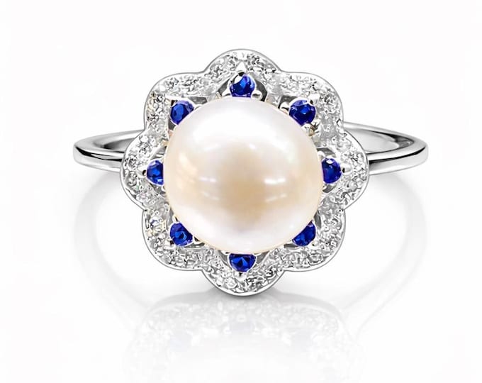 Pearl & Sapphire Halo Ring, Adjustable 925 Sterling Silver