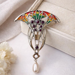 Colgante de broche de perlas y rubíes con esmalte inspirado en el Art Nouveau, plata de ley 925