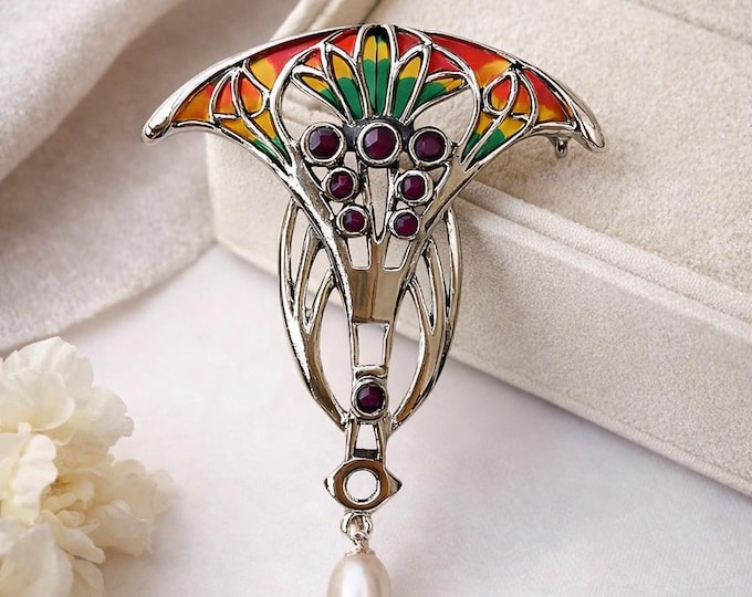 Art Nouveau Inspired Enamel Plique a Jour Ruby and Pearl Brooch Pendant 925 Sterling Silver