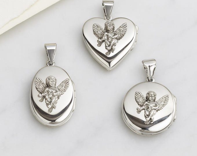 925 Sterling Silver Cherub Locket Angel Pendant Necklace Vintage Style Photo Locket Guardian Angel Jewelry Gift for Women