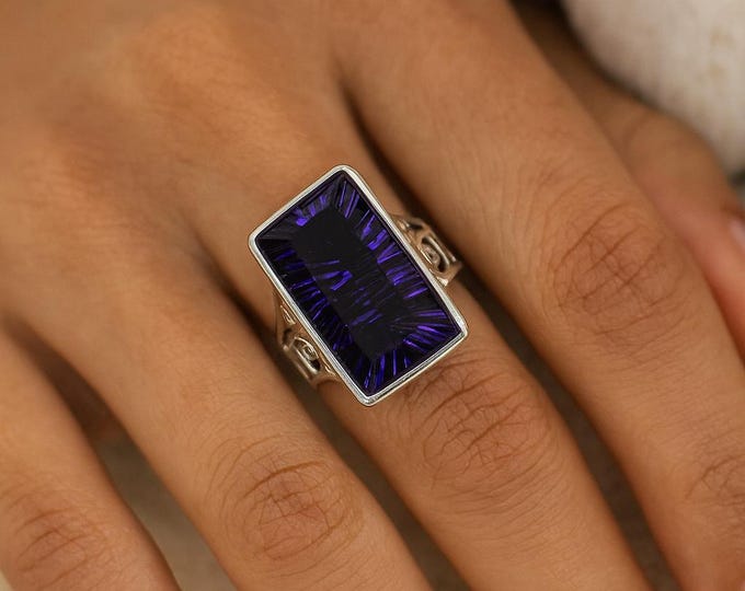 Synthetic Amethyst Ring Rectangular Purple Gemstone Statement Cocktail Ring in Sterling Silver, Bold Modern Jewelry Gift for Her