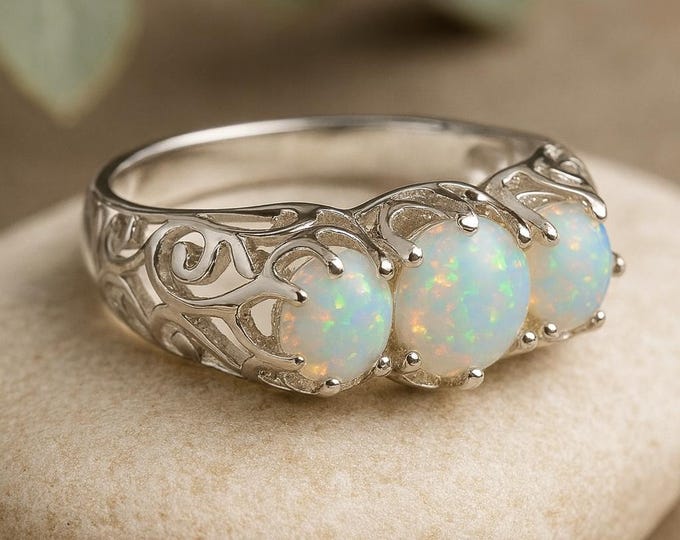 925 Sterling Silver Gilson Opal and CZ Ring Three Stone Blue Opal Band Vintage Style Opal Statement Ring October Birthstone Gift for Her