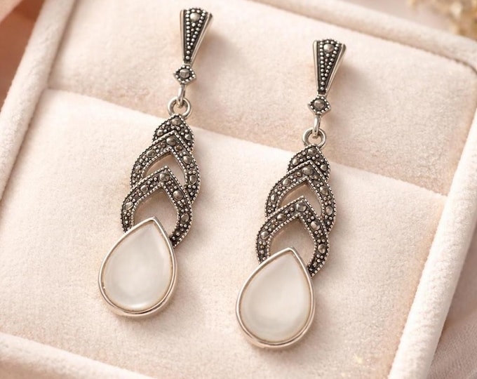 Sterling Silver Mother of Pearl Dangle Earrings, Vintage Inspired