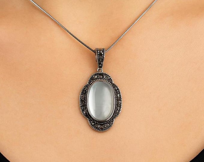 Art Deco Inspired Mother of Pearl and Marcasite Pendant 925 Sterling Silver