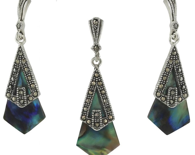 Sterling Silver Marcasite Jewelry Set, Art Deco Pendant Earrings