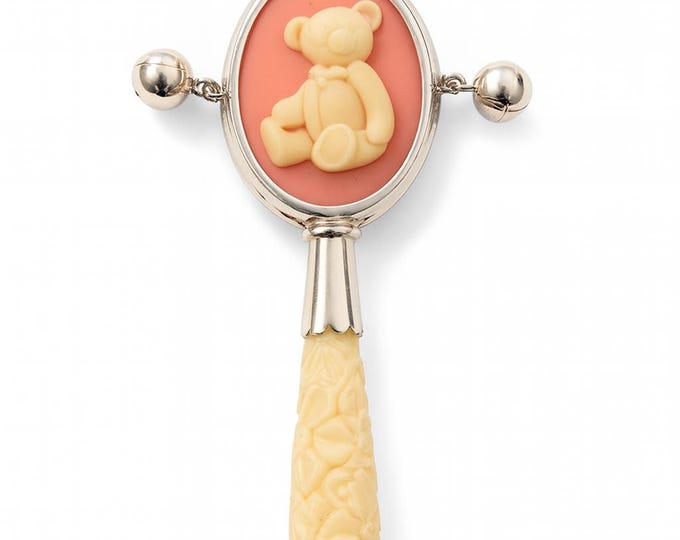 Vintage Baby Rattle with Teddy Bear Cameo Silver and Cream Floral Handle Keepsake Gift Christening or Baby Shower Gift