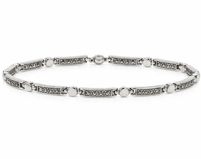 Art Deco Sterling Silver Bracelet, Mother of Pearl & Marcasite
