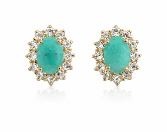 Genuine Emerald Stud Earrings, Vintage Style, Gold Plated 925 Sterling Silver